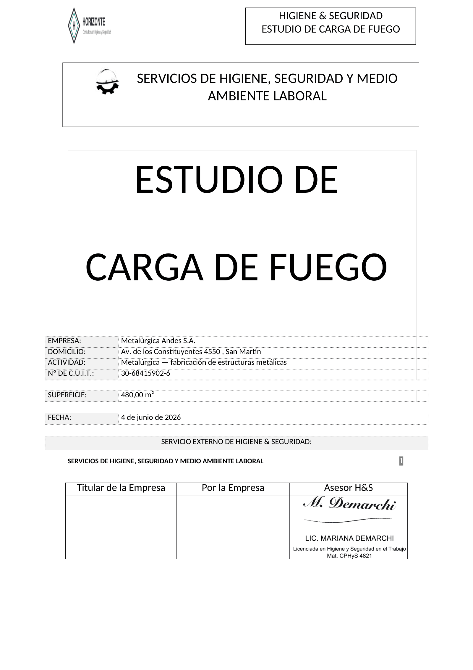 Primera página de un Estudio de Carga de Fuego generado por Favax: logo de la consultora arriba, los datos de la empresa de demostración, y el pie con la firma y el sello del profesional.